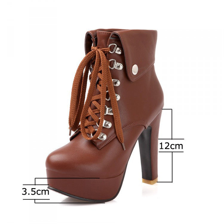 Women Faux Leather Ankle Boots Designer Fashion Platform Chunky High Heels Lace Up Short Booties Woman Autumn Winter Shoes-Dollar Bargains Online Shopping Australia