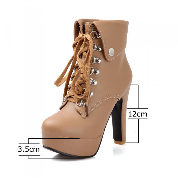 Women Faux Leather Ankle Boots Designer Fashion Platform Chunky High Heels Lace Up Short Booties Woman Autumn Winter Shoes-Dollar Bargains Online Shopping Australia