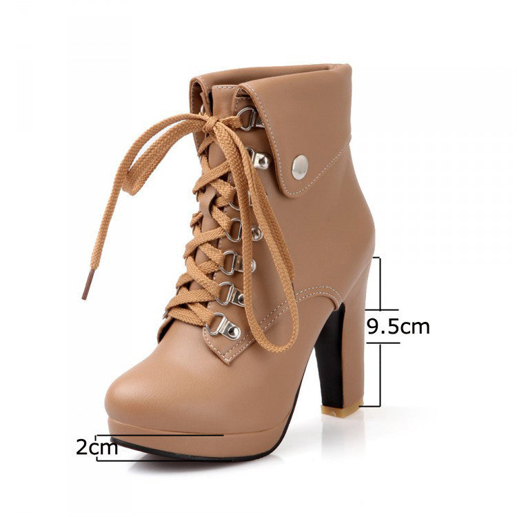 Women Faux Leather Ankle Boots Designer Fashion Platform Chunky High Heels Lace Up Short Booties Woman Autumn Winter Shoes-Dollar Bargains Online Shopping Australia