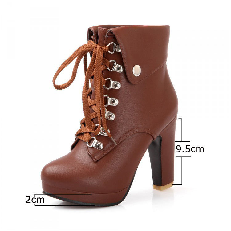 Women Faux Leather Ankle Boots Designer Fashion Platform Chunky High Heels Lace Up Short Booties Woman Autumn Winter Shoes-Dollar Bargains Online Shopping Australia