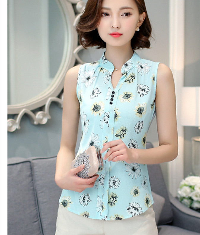 Fashion Summer Chiffon Blouse Women Printed Sleeveless Blouse Floral Print Blouses Shirts Office Shirt-Dollar Bargains Online Shopping Australia