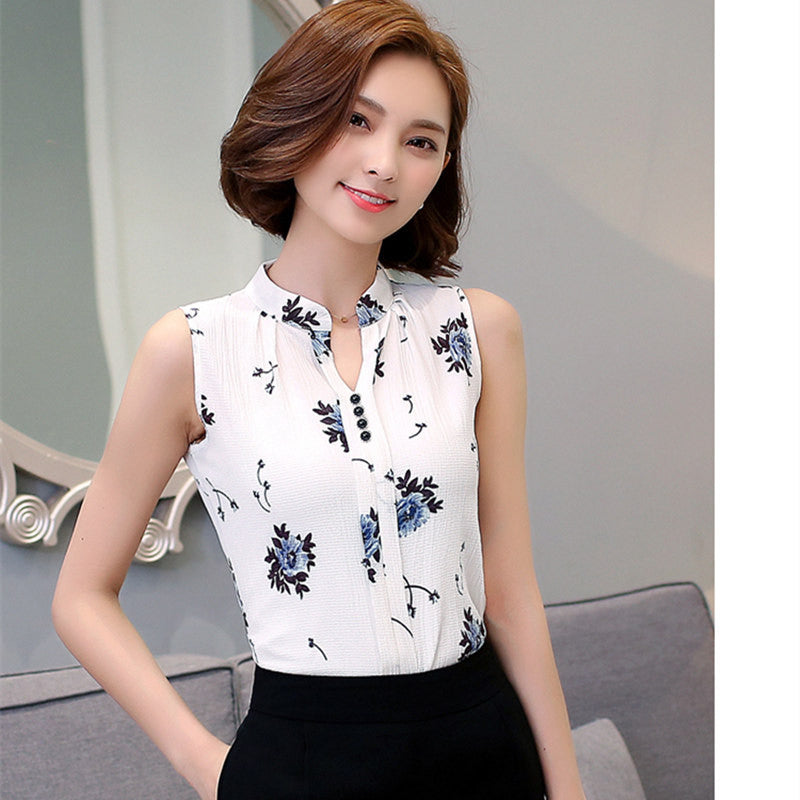 Fashion Summer Chiffon Blouse Women Printed Sleeveless Blouse Floral Print Blouses Shirts Office Shirt-Dollar Bargains Online Shopping Australia