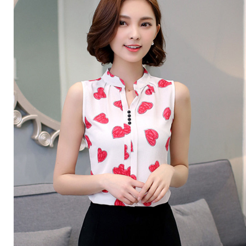 Fashion Summer Chiffon Blouse Women Printed Sleeveless Blouse Floral Print Blouses Shirts Office Shirt-Dollar Bargains Online Shopping Australia