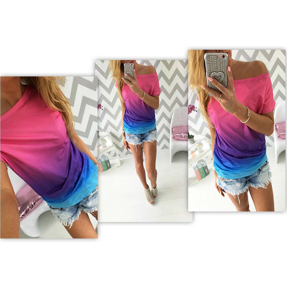 summer women t shirt vestidos rainbow gradual change print tops casual female-Dollar Bargains Online Shopping Australia