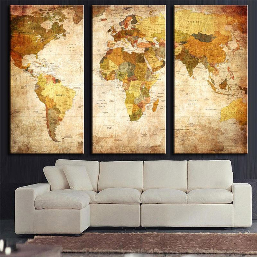 3 Panel Vintage World Map Canvas Painting Oil Painting Print On Canvas Home Decor Wall Art Wall Picture For Living Room Unframed-Dollar Bargains Online Shopping Australia