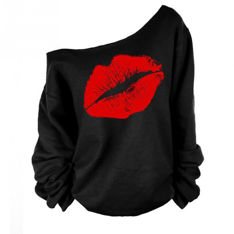 Red White Lips Offset Print Women Tops Long Sleeve Loose Fit Tee Shirts Plus Size Women Clothing Spring Blusas Sweatshirt-Dollar Bargains Online Shopping Australia