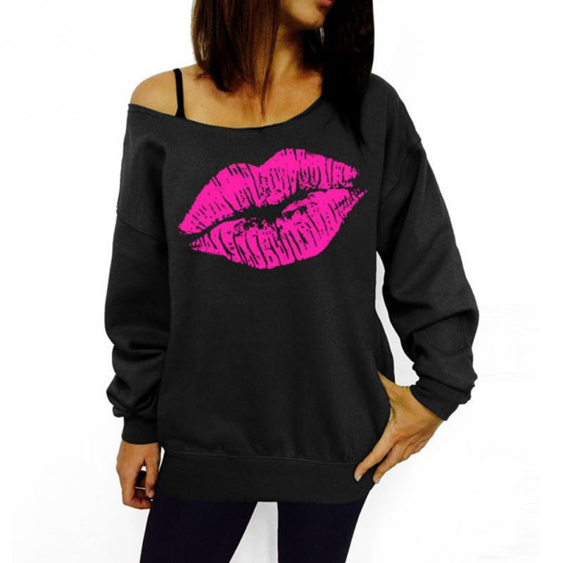 Red White Lips Offset Print Women Tops Long Sleeve Loose Fit Tee Shirts Plus Size Women Clothing Spring Blusas Sweatshirt-Dollar Bargains Online Shopping Australia