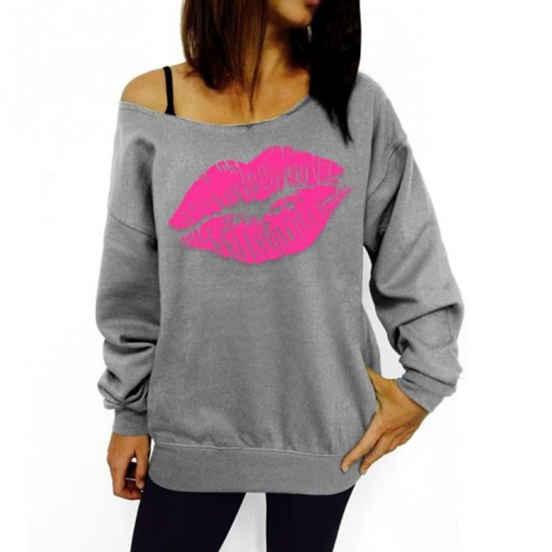 Red White Lips Offset Print Women Tops Long Sleeve Loose Fit Tee Shirts Plus Size Women Clothing Spring Blusas Sweatshirt-Dollar Bargains Online Shopping Australia