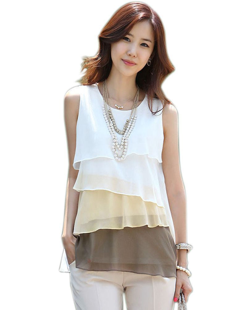 NEW Multi-Colors Blouse Shirts for Spring Summer Style Flounce Tiered Tops Round Neck Sleeveless Shirt #10-Dollar Bargains Online Shopping Australia