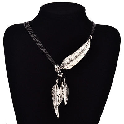 Bohemian Style Black Rope Chain Leaf Feather Pattern Pendant Necklace For Women Fine Jewelry Collares Statement Necklace-Dollar Bargains Online Shopping Australia