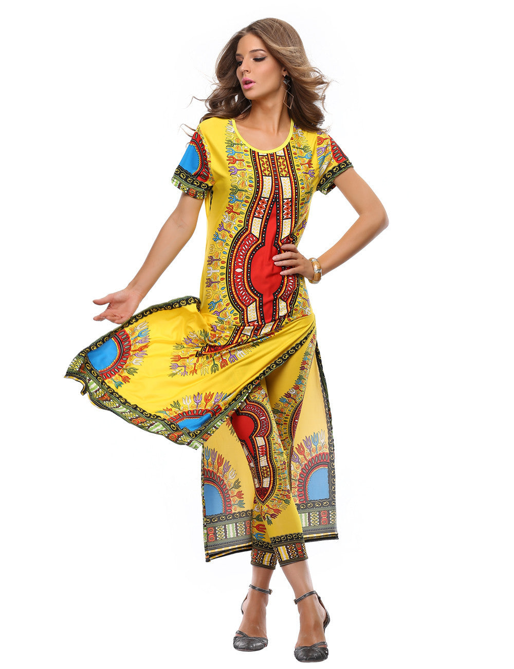 Summer Women Traditional African fashion With Side Split Long Dress And Women Traditional African fashion Leggings 2pcs Sets-Dollar Bargains Online Shopping Australia