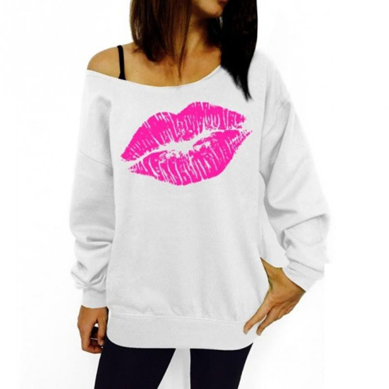 ly Design Girls Cute Sweet Style Red Lips Big Mouth Sexy Oblique Shoulder Tops Women Long Sleeve Pullover Polo Shirts-Dollar Bargains Online Shopping Australia