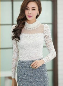 Plus size M-XXL Blouse fashion Women's Stand Pearl Collar Lace Crochet Blouses Shirts Long Sleeve Sexy Tops For Women-Dollar Bargains Online Shopping Australia