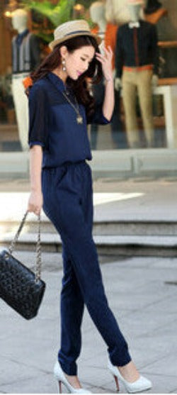Large Size 3XL 4XL Summer Jumpsuits One Piece Pants Lapel Elegant Salopette Black Blue Long Trousers-Dollar Bargains Online Shopping Australia