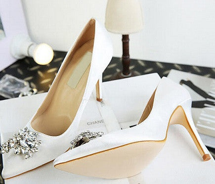 High genuine leather wedding party shoes bride high heels shoes crystal rhinestone pointed toe women shoes pumps-Dollar Bargains Online Shopping Australia