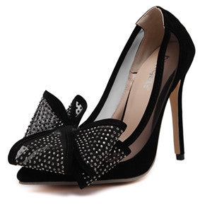 Pointed toe high heels with Rhinestone bowtie high heel pumps ladies stilettos wedding dress shoes for women-Dollar Bargains Online Shopping Australia