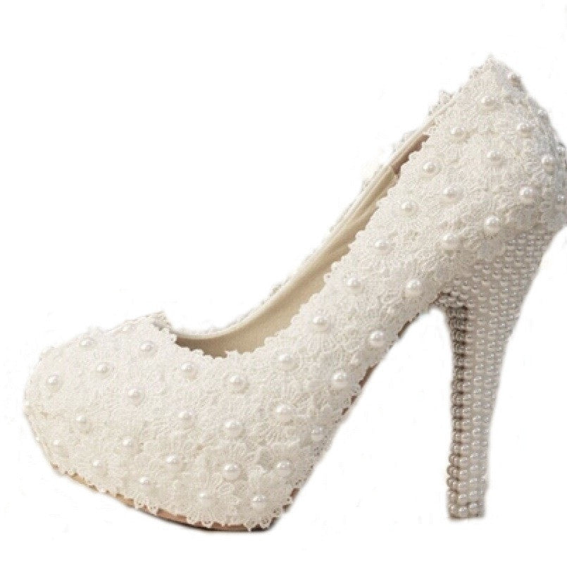 Women Fashion Sweet White Flower Lace Platform High Heels Pearls Wedding Shoes Bride Dress Shoes-Dollar Bargains Online Shopping Australia