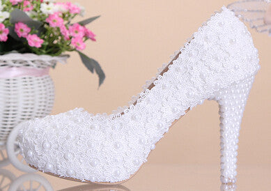 Women Fashion Sweet White Flower Lace Platform High Heels Pearls Wedding Shoes Bride Dress Shoes-Dollar Bargains Online Shopping Australia