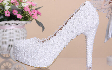 Women Fashion Sweet White Flower Lace Platform High Heels Pearls Wedding Shoes Bride Dress Shoes-Dollar Bargains Online Shopping Australia