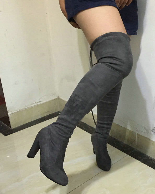 Women Stretch Faux Suede Slim Thigh High Boots Sexy Fashion Over the Knee Boots High Heels Woman Shoes Black Gray Winered-Dollar Bargains Online Shopping Australia