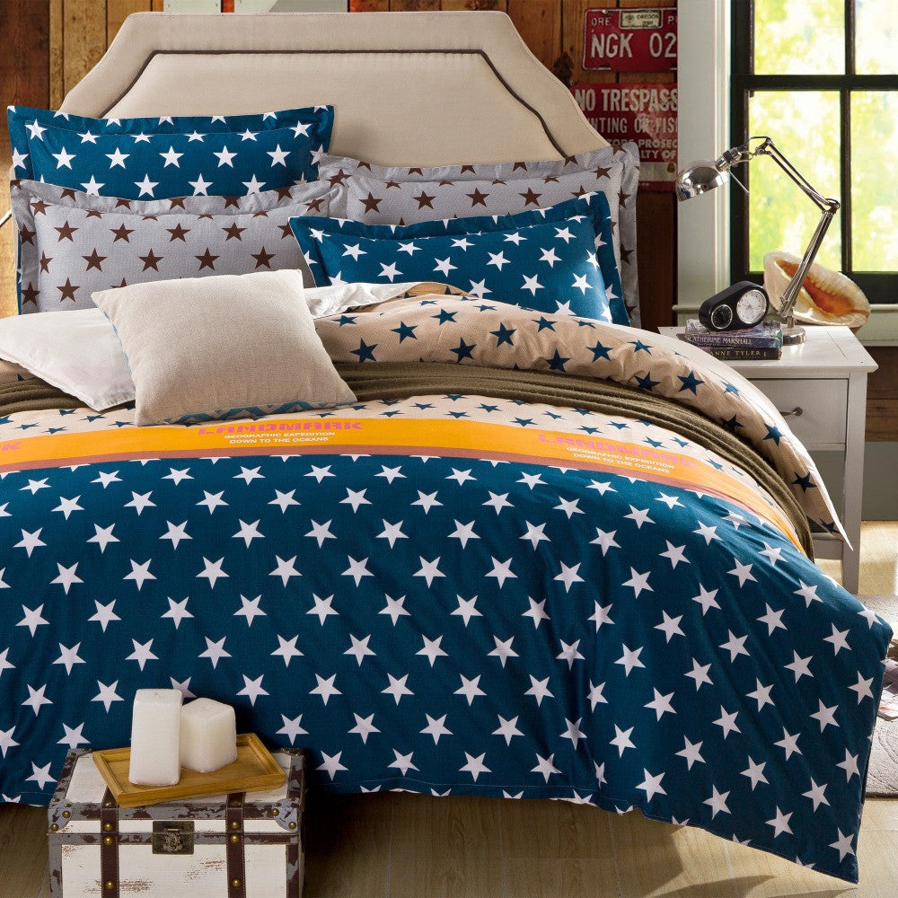 arrival 100% cotton blue stars 4pcs bedding set with duvet cover pillow case cotton fabric bed linen queen size-Dollar Bargains Online Shopping Australia