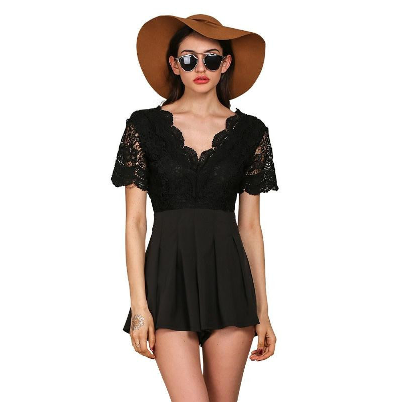 Simplee lace stitching high waist elegant rompers womens jumpsuit Sexy v neck backless overalls Black party playsuits-Dollar Bargains Online Shopping Australia