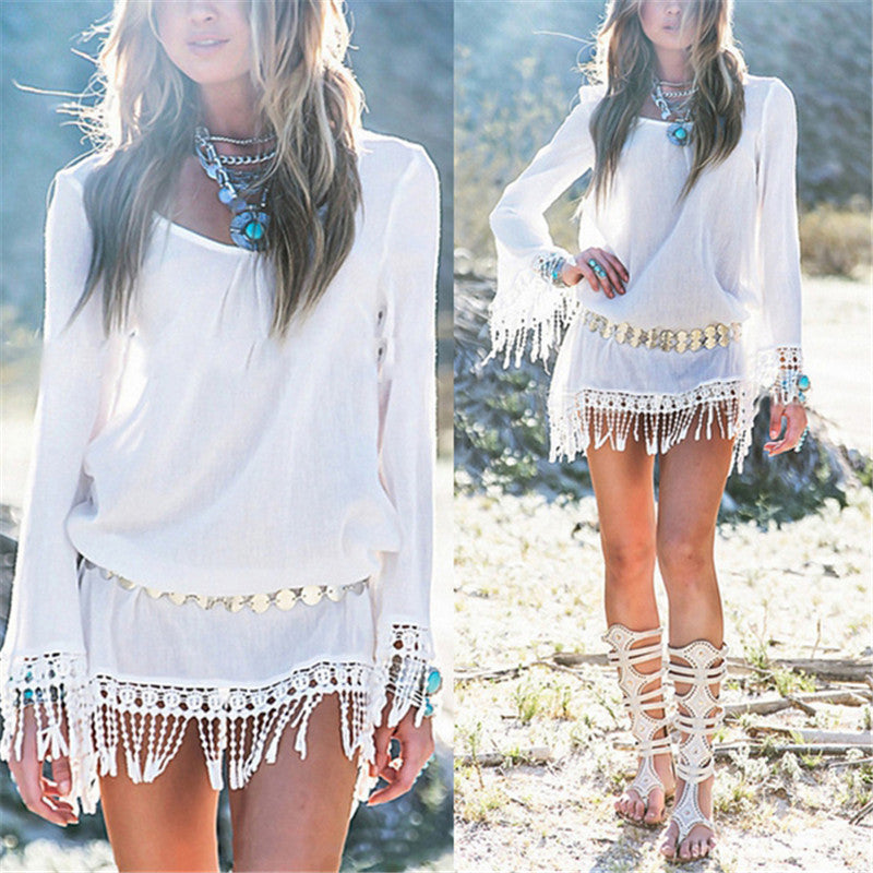 Summer Women Boho Tassel Lace Dress Sexy Crochet Tunic Beach Party Dresses Black White Chiffion-Dollar Bargains Online Shopping Australia