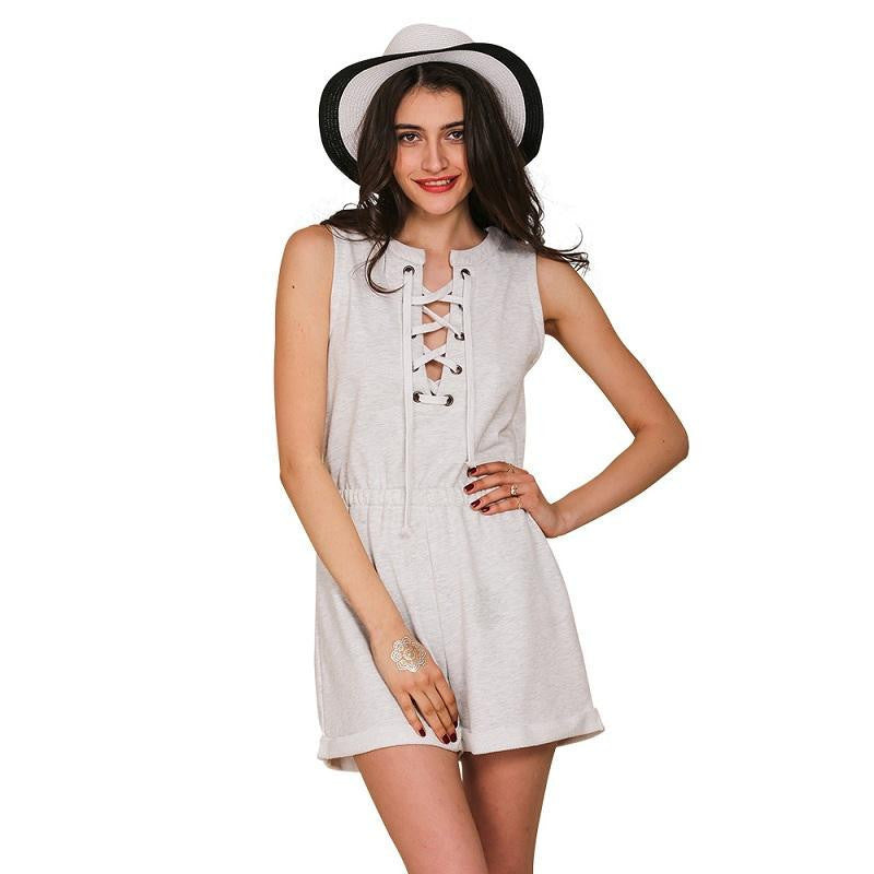 One piece girls lace up jumpsuit romper Women high waist casual overalls Summer short beach sleeveless splaysuit-Dollar Bargains Online Shopping Australia