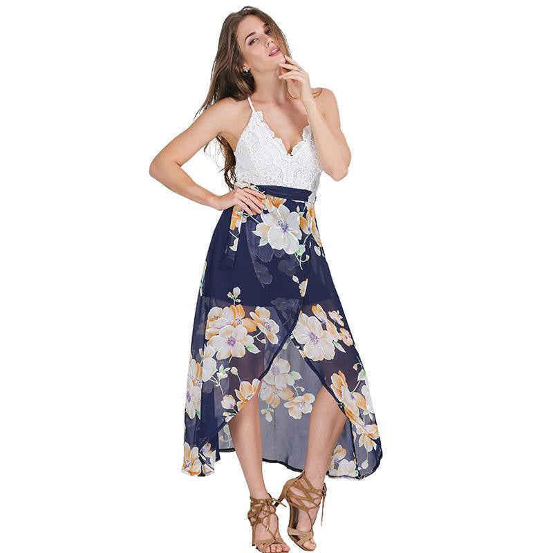 Sexy print lace summer dress Strap deep v neck high waist beach dresses women slit backless long dress-Dollar Bargains Online Shopping Australia