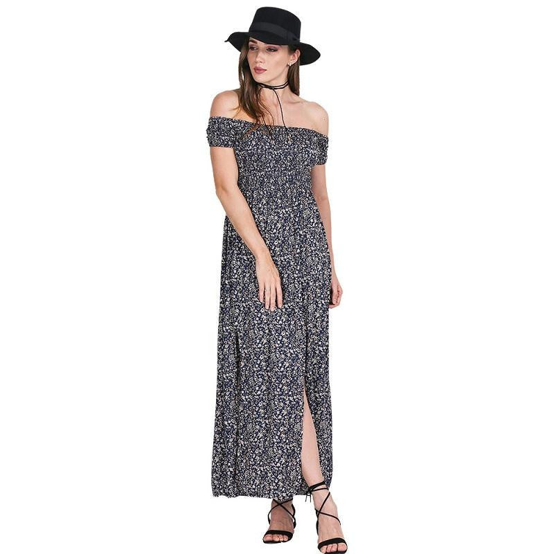 side split off shoulder print summer dress High waist pleated maxi dress women Vintage beach dress-Dollar Bargains Online Shopping Australia