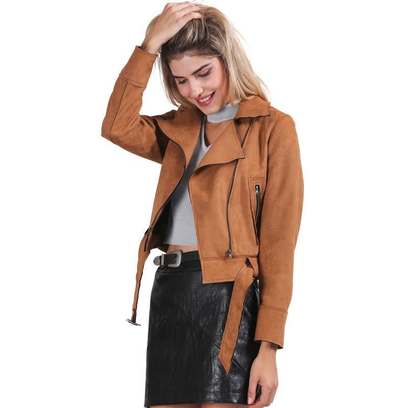 Simplee Apparel Zipper basic suede jacket coat motorcycle leather jacket Women outwear Pink belted short winter jackets-Dollar Bargains Online Shopping Australia