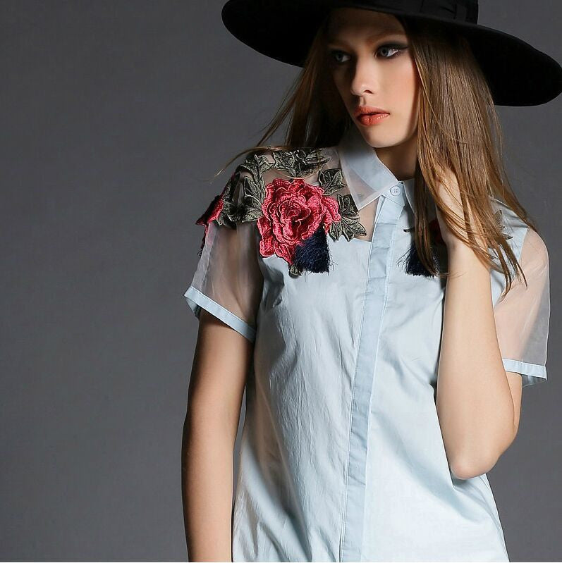 Womens Cute Embroidered Tops Spring Fashion High Street White Sheer Long Sleeve Blouse 606B-Dollar Bargains Online Shopping Australia