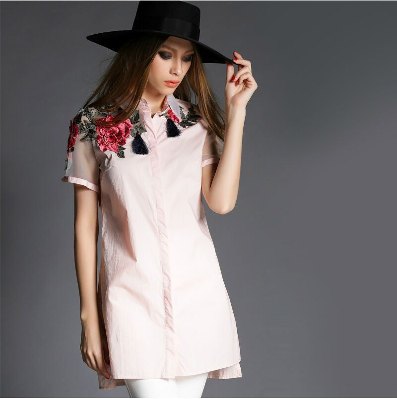 Womens Cute Embroidered Tops Spring Fashion High Street White Sheer Long Sleeve Blouse 606B-Dollar Bargains Online Shopping Australia