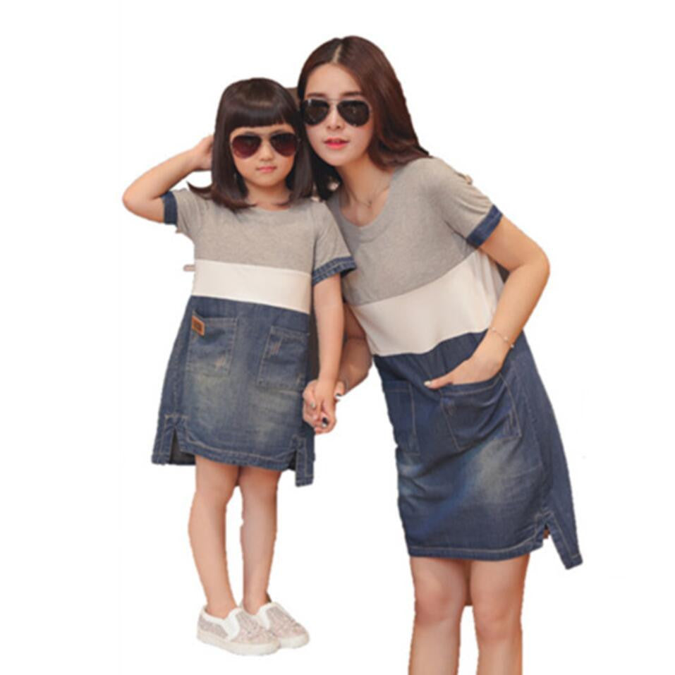 mother daughter matching dresses summer style mommy and me clothes women grey white blue denim patchwork casual loose dress-Dollar Bargains Online Shopping Australia