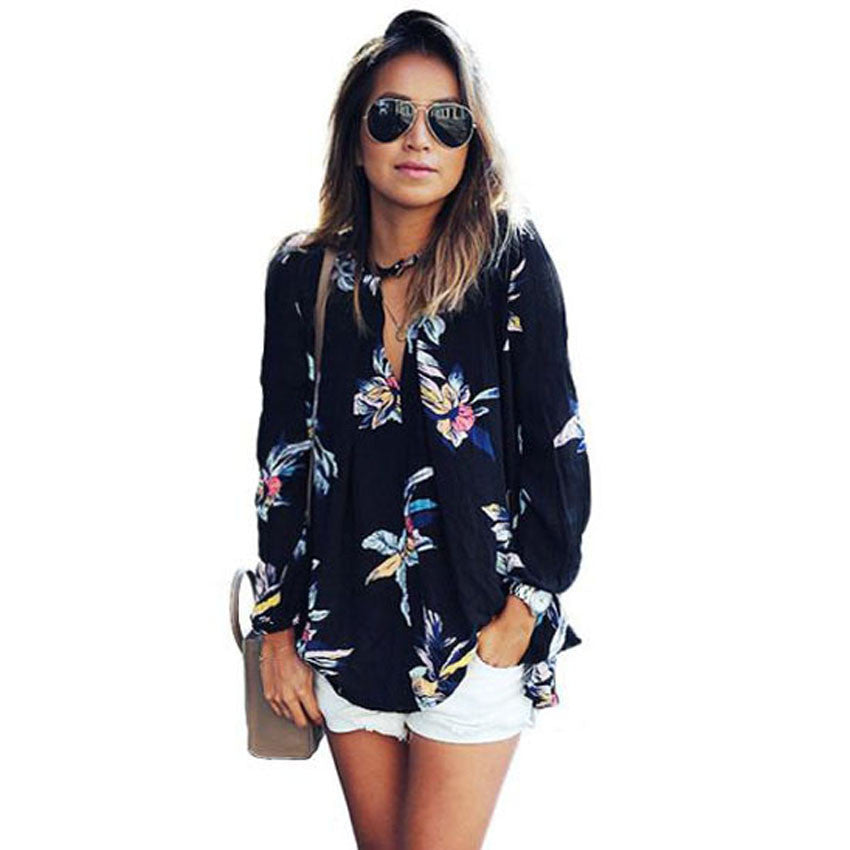 Womens Chiffon Blouse Fashion Floral Printing Loose Long Sleeve Tops V-Neck Lady Clothes #LEN1-Dollar Bargains Online Shopping Australia