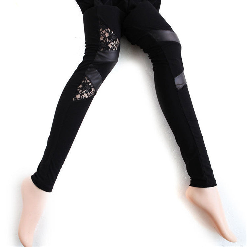 Charming Warm Lace Leggings Skinny Stretch Pants for Autumn Winter Triangular Lace PU Leather Leggings BZ851965-Dollar Bargains Online Shopping Australia